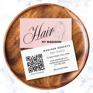 Cartão de Visita QR Code Cabelereiro Rosa Bege