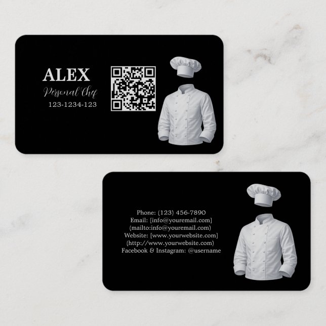 Cartão de Visita QR Code Chef Pessoal Preto Elegan (Frente/Verso)