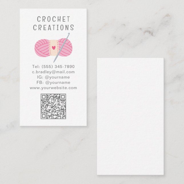 Cartão de Visita QR Code de Crochet com Fio Rosa p (Frente/Verso)