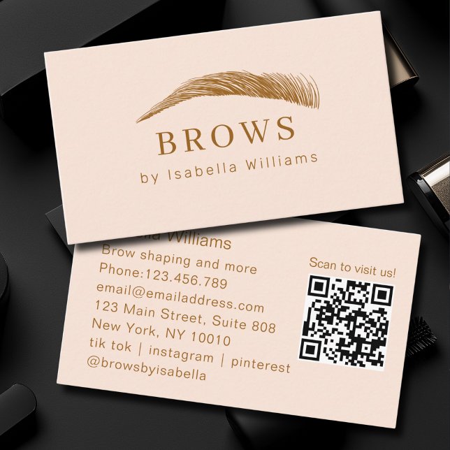 Cartão De Visita QR-Code de Salão de Sobrancelhas Minimal Elegante (Minimal Elegant Eyebrow Salon QR-Code Business Card)