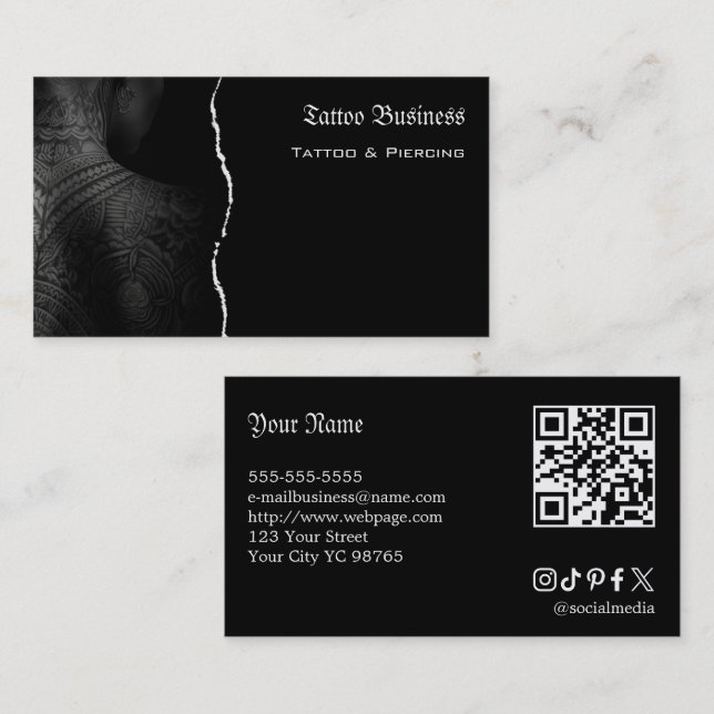 Cartão de visita QR code de salão de tatuagem (Frente/Verso)