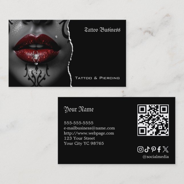 Cartão de visita QR code de salão de tatuagem (Frente/Verso)