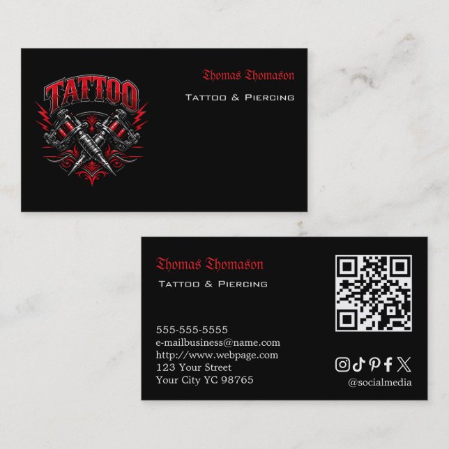Cartão De Visita QR code de tatuador  (Frente/Verso)