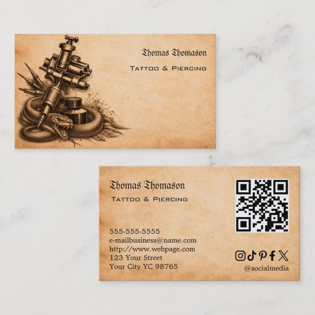 Cartão De Visita QR code de tatuador  (Frente/Verso)
