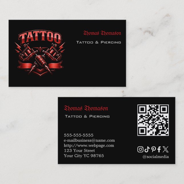 Cartão De Visita QR code de tatuador  (Frente/Verso)