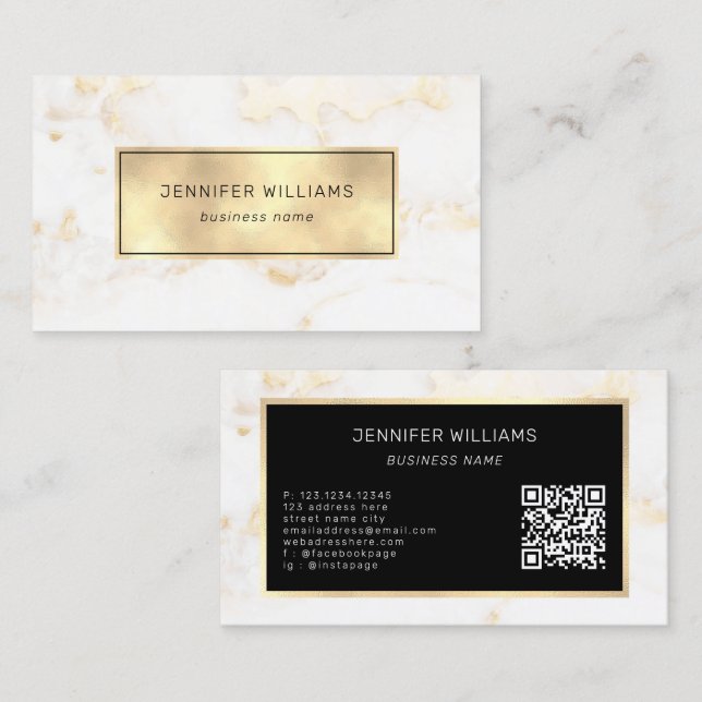 Cartão De Visita QR Code Elegant Modern Dourado Marble (Frente/Verso)