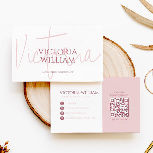 Cartão de Visita QR Code Elegante Rosa Pálido Scri