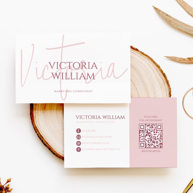 Cartão de Visita QR Code Elegante Rosa Pálido Scri (Criador carregado)