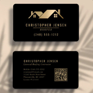Cartão De Visita QR Code Empresa de Cobertura Preto Dourado Arredon