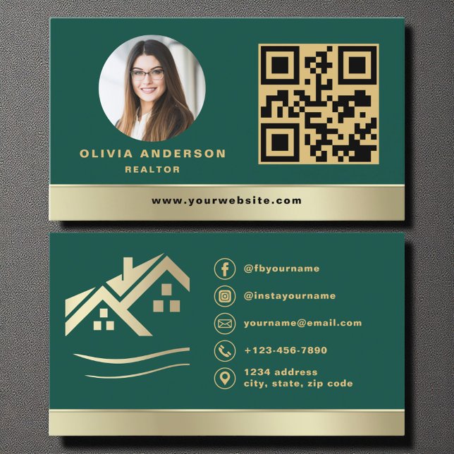 Cartão De Visita QR Code Gold House Green Real Estate Realtor (Criador carregado)