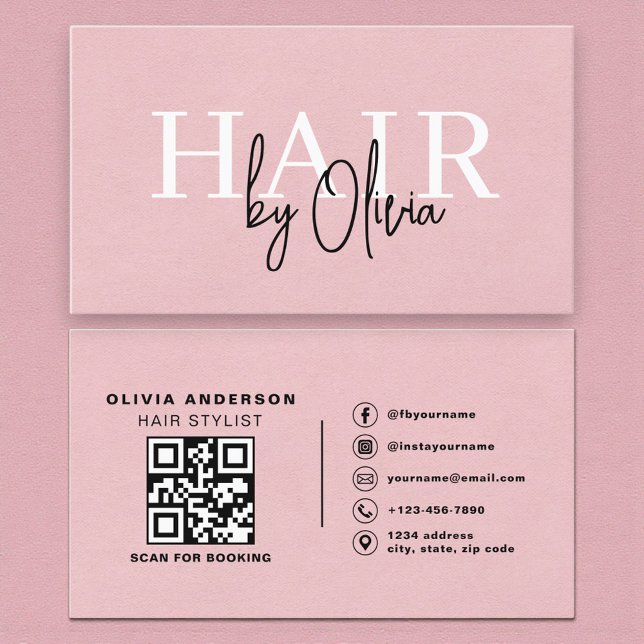 Cartão De Visita QR Code Hair Stylist Pink Suede Typography  (Criador carregado)