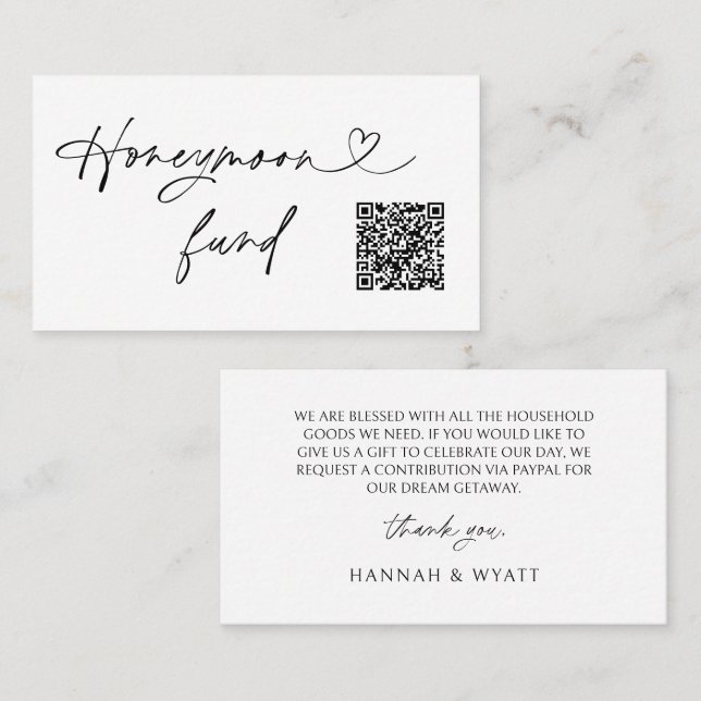 Cartão De Visita QR Code Honeymoon Request Wedding Enclosure Card (Frente/Verso)