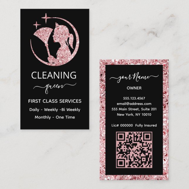 Cartão De Visita QR code Maid Rose Pink Cleaning Service (Frente/Verso)