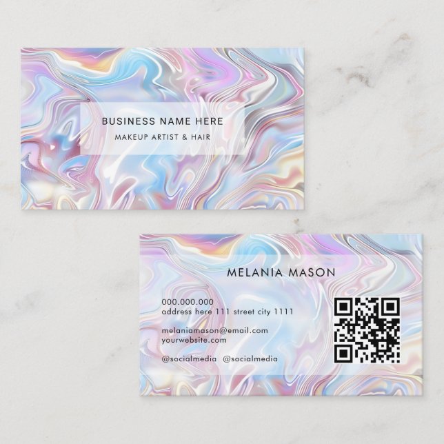 Cartão De Visita QR Code Modern Elegant Holographic Marble Pastel (Frente/Verso)