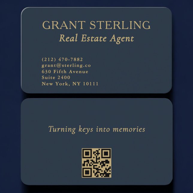 Cartão De Visita QR Code Real Estate Agent Navy Blue Gold  (Criador carregado)
