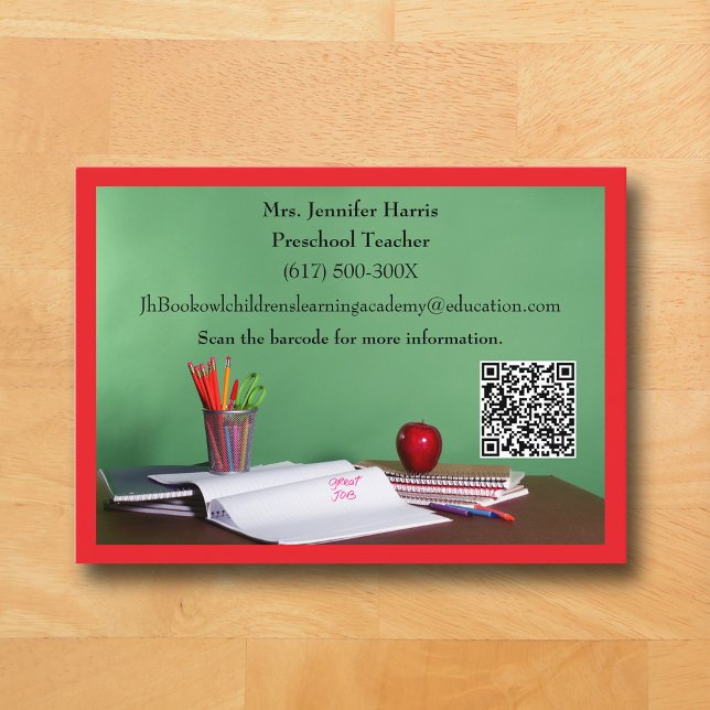 Cartão De Visita QR Code Red Grade School Preschool Teacher  (Red Business Card for Teacher )