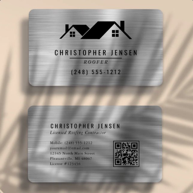 Cartão De Visita QR Code Roofing Black Silver Metallic Rounded (Criador carregado)