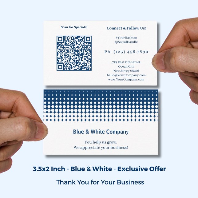 Cartão De Visita QR-code Scan for Specials White Blue Thank You (QR-code Scan for Specials White Blue Thank You Business Card: Size: 3.5x2 Inch, Landscape Format)