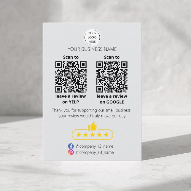 Cartão De Visita QR code small business review GOOGLE and YELP  (QR-code "leave a review" business card. Five stars review. Custom logo, yelp and google)