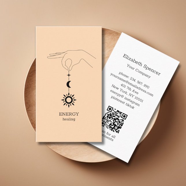 Cartão de Visita QR-Code Sol Lua Pêssego (Peach Hand Sun Moon Illustration QR Code Business Card. Modern Whimsical. )