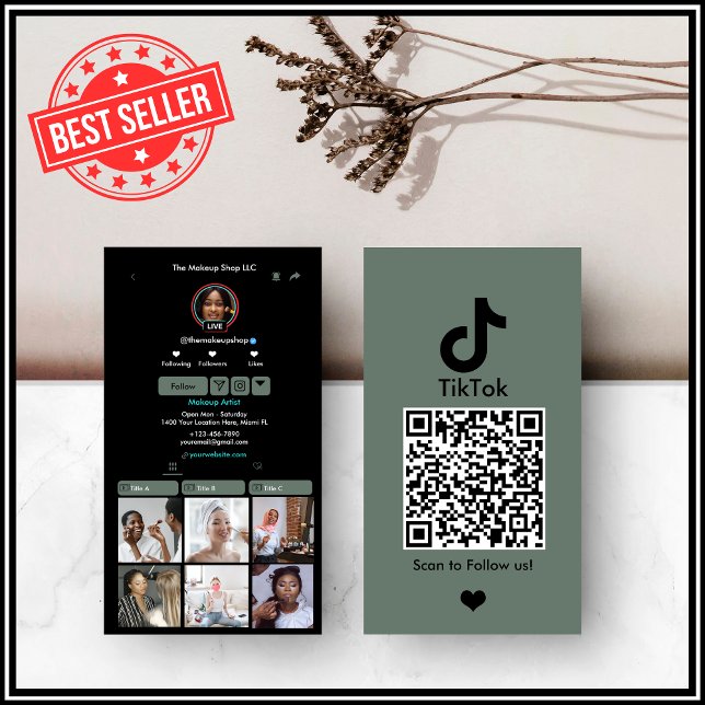 Cartão de Visita QR Code TikTok Verde Salvia Mídia (Criador carregado)