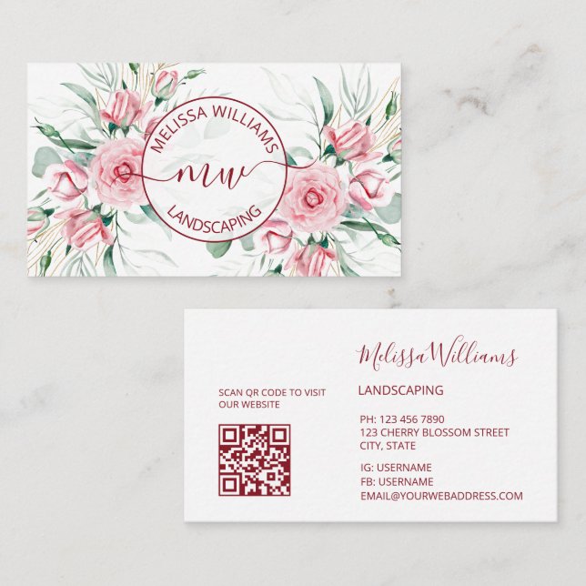 Cartão De Visita QR Code |  Watercolor Pink Roses Logo (Frente/Verso)