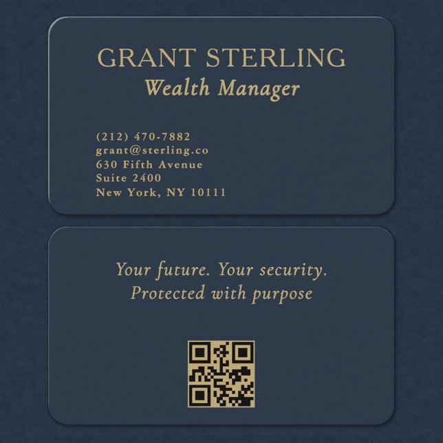Cartão De Visita QR Code Wealth Manager Navy Blue Gold  (Criador carregado)
