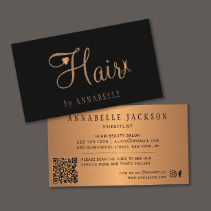 Cartão De Visita QR CÓDIGO cabeleireiro salão negro de ouro metálic