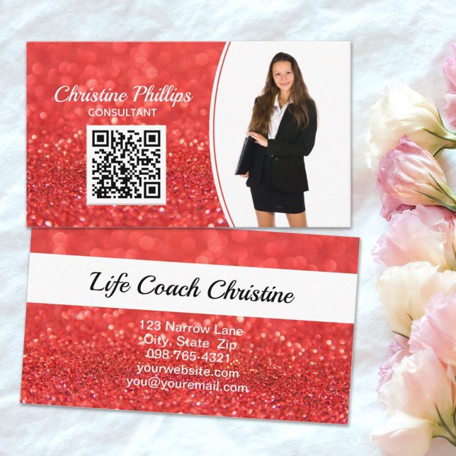 Cartão De Visita QR de Foto Personalizada de Falha de Coral Profiss (QR code and custom photo highlight you on this faux orange glitter business card design.)