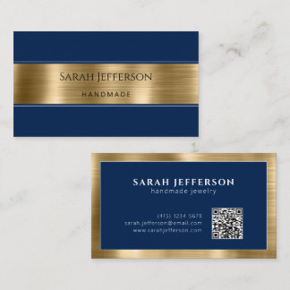 Cartão De Visita QR Elegente Metálico Dourado Azul e Profissional