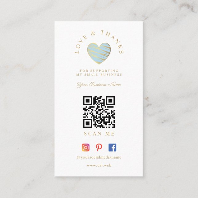 Cartão De Visita QR Light Blue Heart Love & Thanks Supporting (Frente)