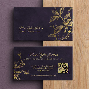 Cartão De Visita QR Luxo roxo elegante folhagem com folha de ouro f