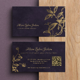 Cartão De Visita QR Luxury purple elegant faux gold foil foliage