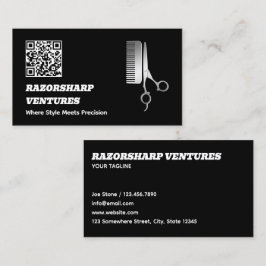 Cartão De Visita QR Preto de Barbershop
