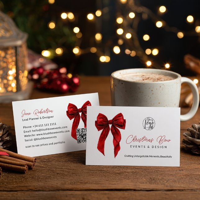 Cartão De Visita QR Red Coquette Bow Elegant Events Design  (QR Red Coquette Bow Elegant Events Design Business Card)