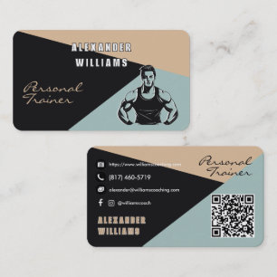 Cartão De Visita QRcode Charcoal Areia Teal Personal Trainer Modern