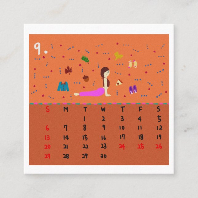 Cartão De Visita Quadrado 2026 Cute Cartoon Yoga Poses Calendar, Health  (Frente)
