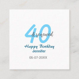 Cartão De Visita Quadrado 40th & renewed birthday name date blue bold number