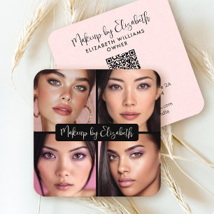 Cartão De Visita Quadrado 4 Maquiagem Foto Blush Rosa Script Código QR Preto