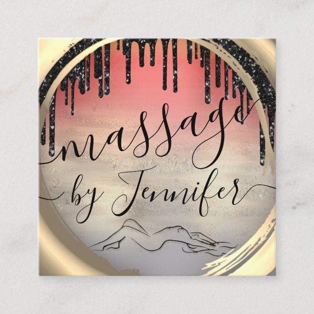Cartão De Visita Quadrado 6 Punches Massage Spa Wellness Studio Dourado únic (Frente)