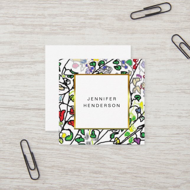 Cartão De Visita Quadrado A aquarela moderna deixa a moldura dourada profiss (Frente/Verso In Situ)