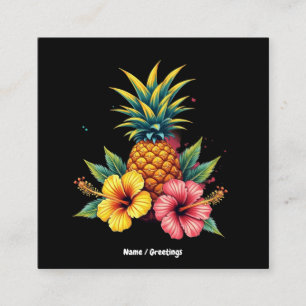 Cartão De Visita Quadrado Abacaxi e Hibiscus Floral Hawaii Summer Beach