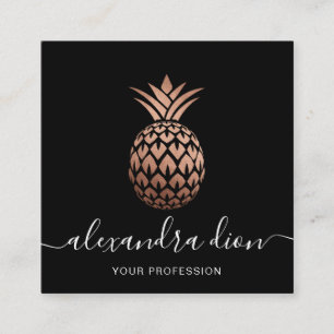 Cartão De Visita Quadrado Abacaxi preto rosa de cobre, elegante