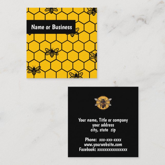 Cartão De Visita Quadrado Abelhas negras em favos de mel amarelo (Frente/Verso)