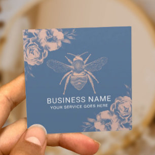 Cartão De Visita Quadrado Abelhas Vintage & Flor Apiary Beekeeper Azul & Ros