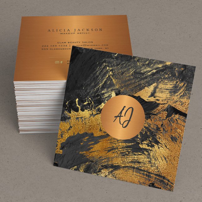 Cartão De Visita Quadrado Abstrato acrílico pintado em monograma de ouro pre (Criador carregado)