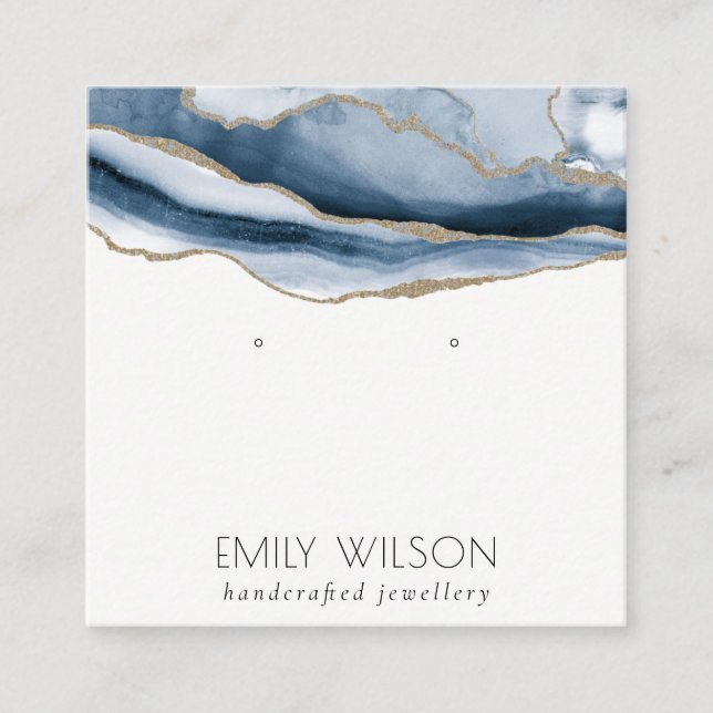 Cartão De Visita Quadrado Abstrato Agate Marinho  - Tela azul Dourada do ret (Frente)