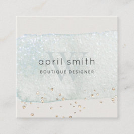 Cartão De Visita Quadrado Abstrato Aqua Blue Bruske Stoke Monograma Glitter