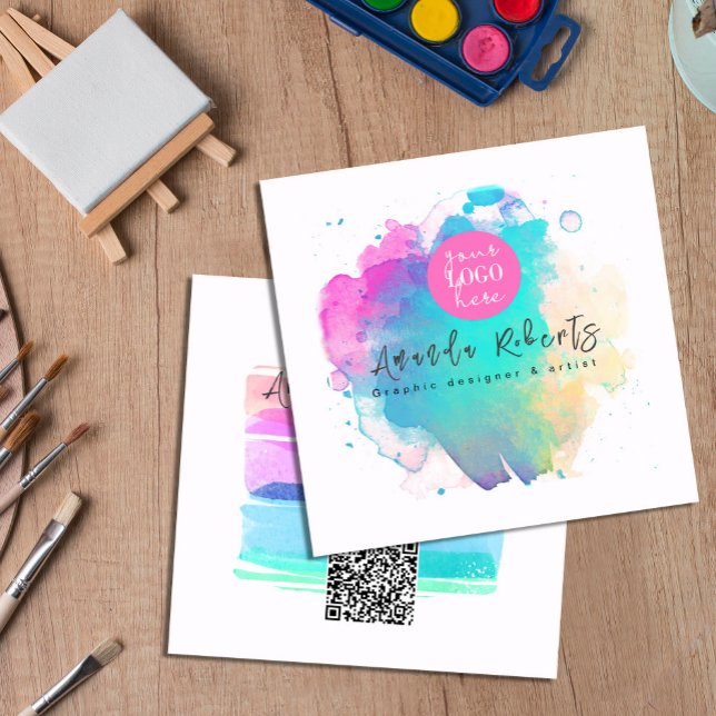 Cartão De Visita Quadrado Abstrato aqucolor bruxa Strock ("Expressive Brush Strokes: Elevate Your Presence" #watercolorartist #watercolorbusinesscard #artistc)