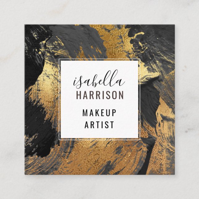 Cartão De Visita Quadrado Abstrato Black Brushstrokes Dourado Makeup Artista (Frente)